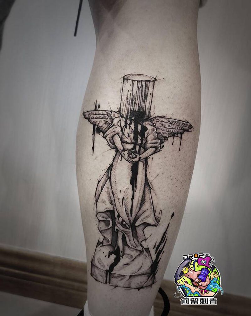 油漆桶天使纹身图片_腿部新传统图腾纹身图案