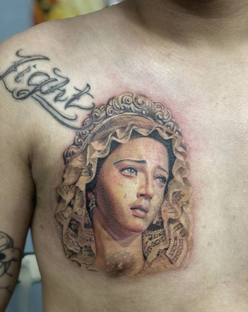 圣母纹身图片_胸部欧美写实纹身图案