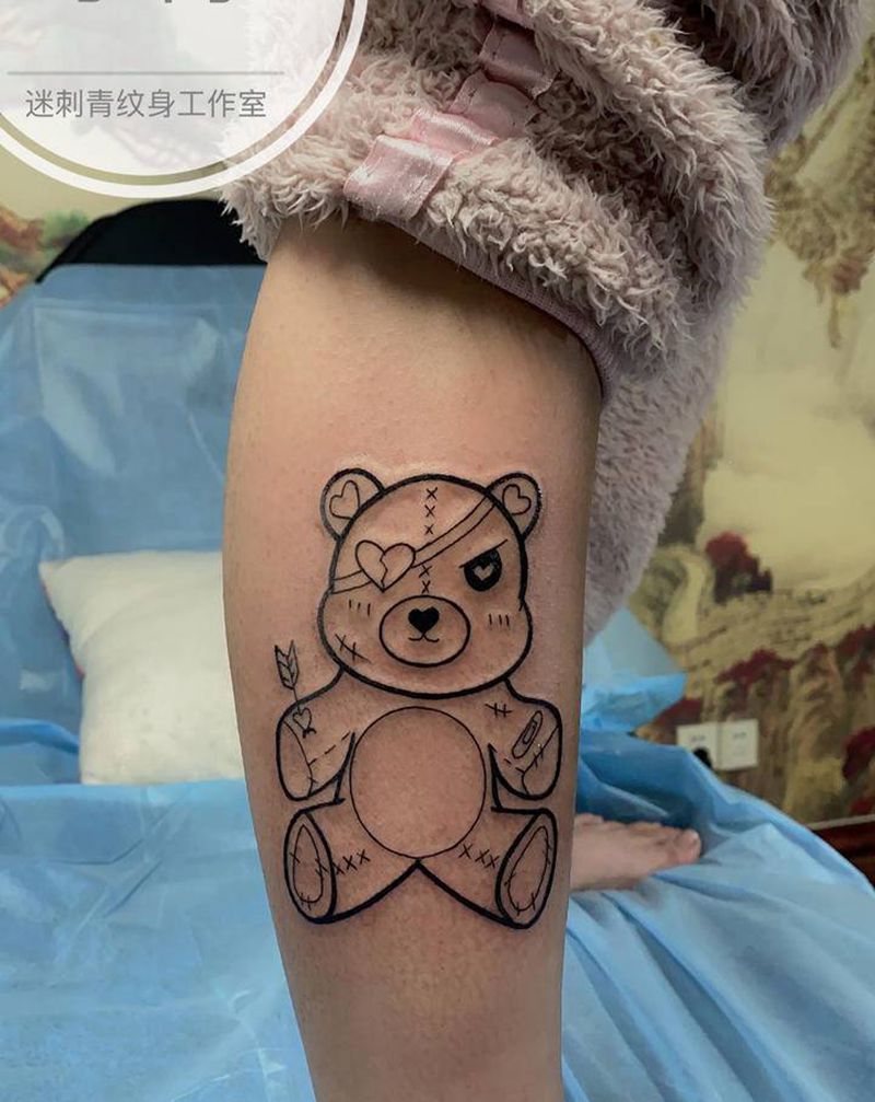 小熊纹身图片_腿部图腾暗黑纹身图案