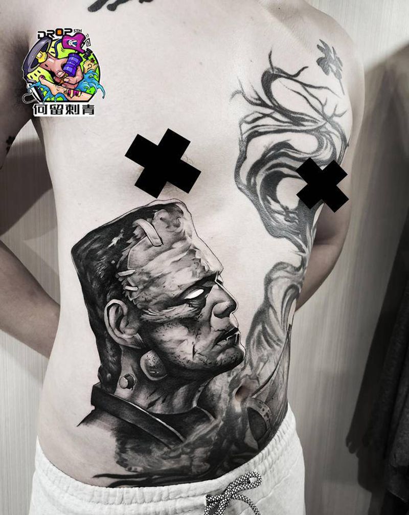 科学怪人纹身图片_腹部欧美写实纹身图案