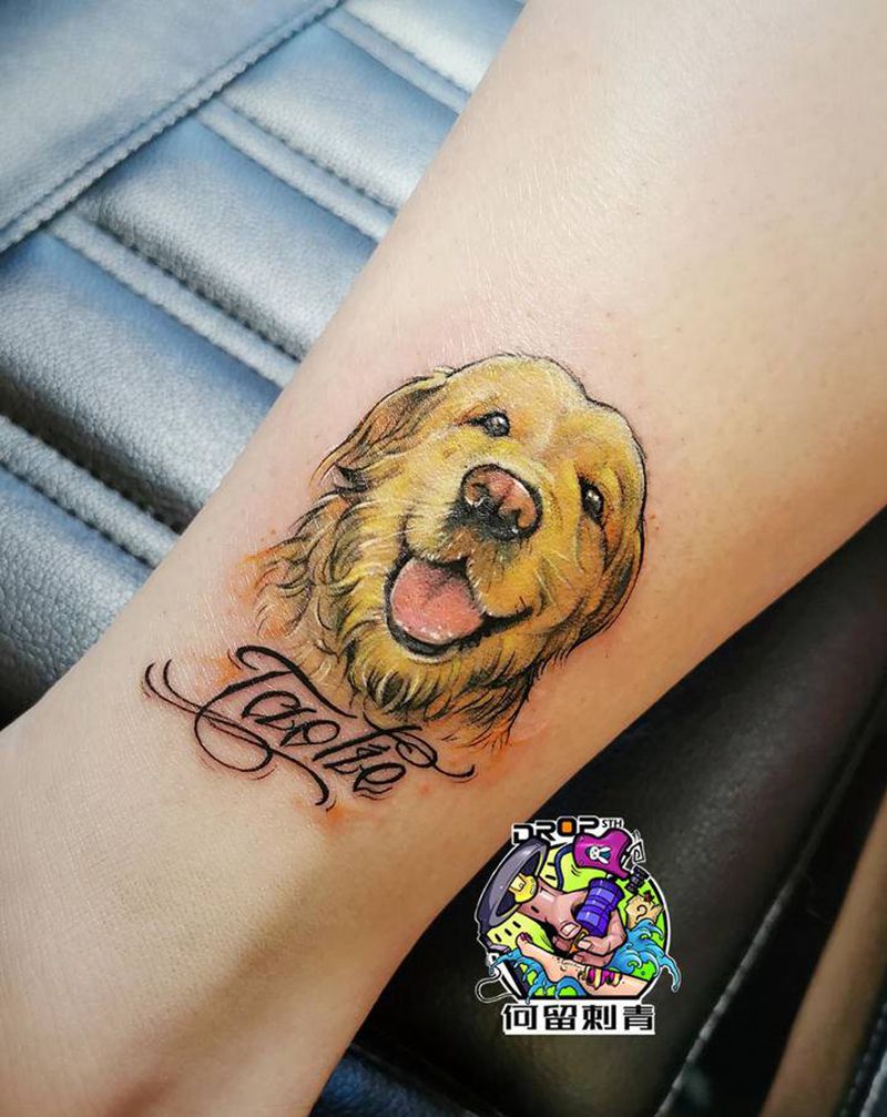 狗狗纹身图片_腿部水彩纹身图案