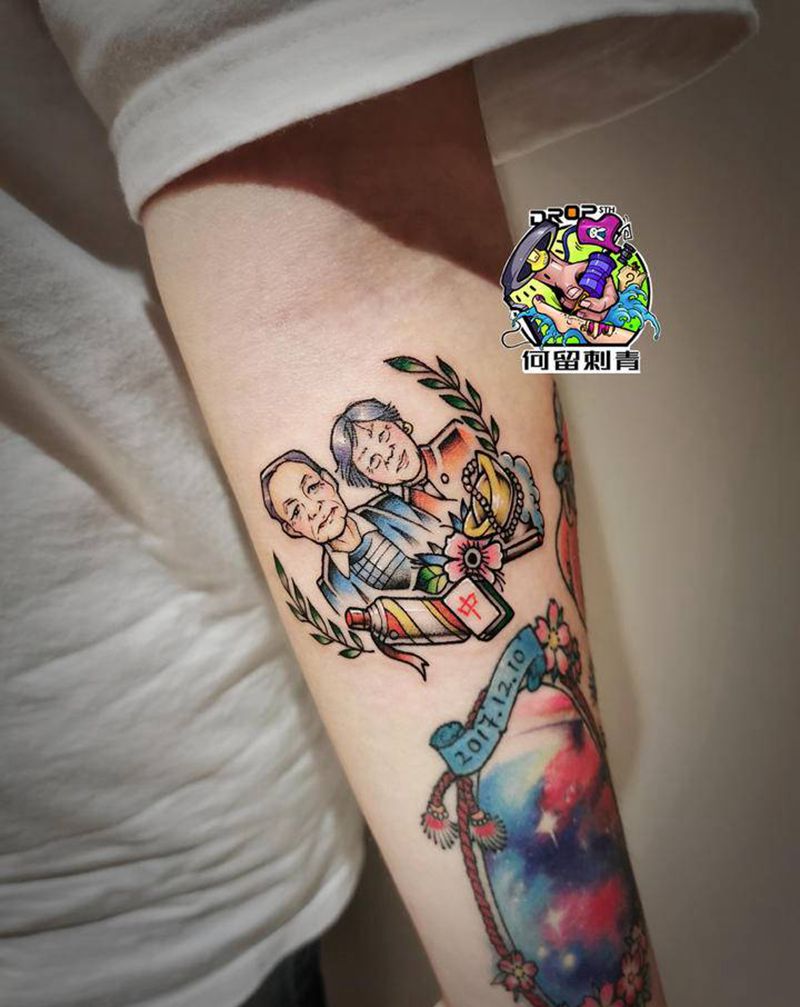 纪念爷爷奶奶纹身图片_手臂新传统纹身图案