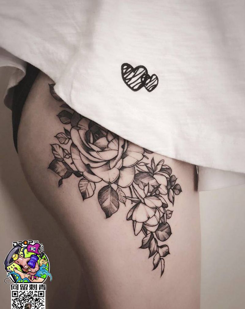 素花纹身图片_臀部腿部新传统点刺纹身图案