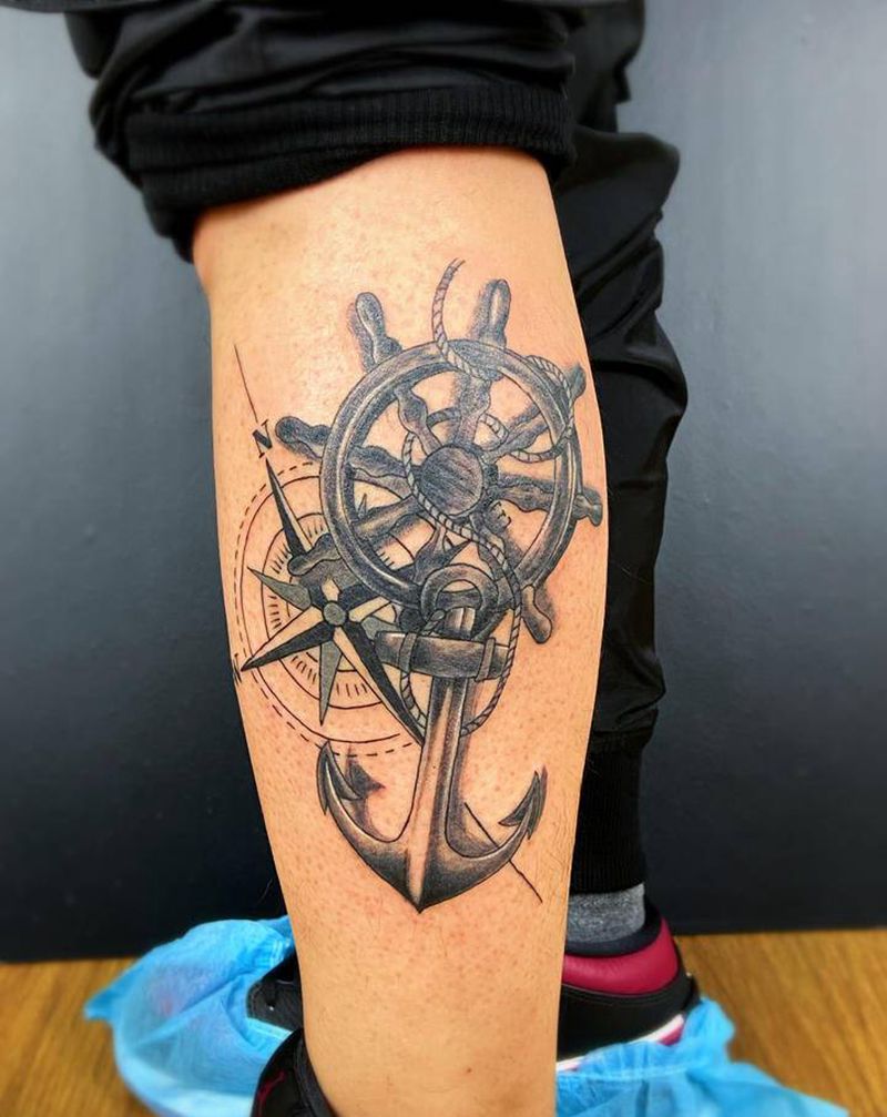 写实船锚纹身图片_腿部脚部欧美写实船锚纹身图案