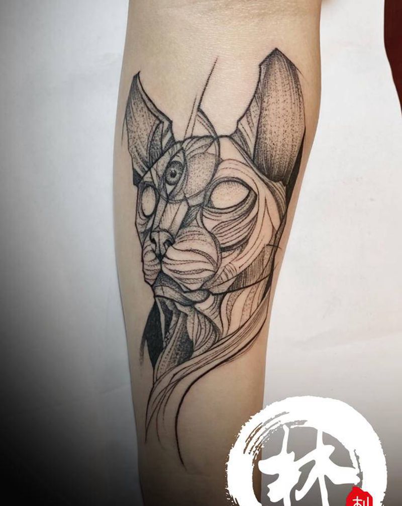 猫纹身图片_手臂新传统点刺纹身图案