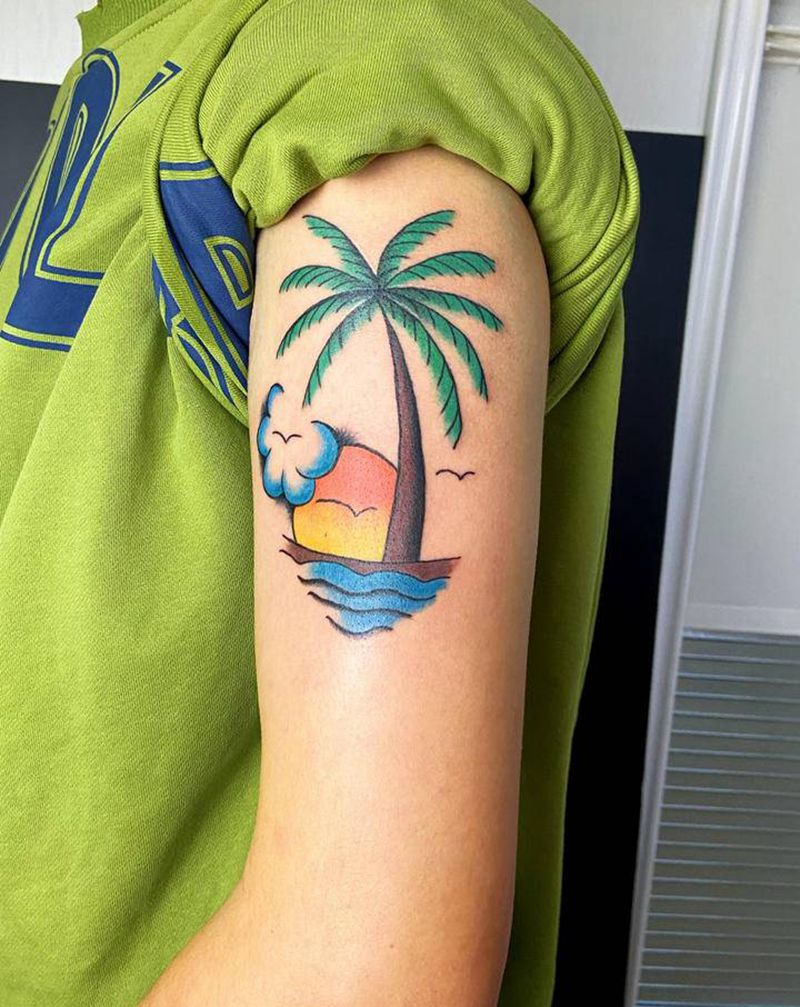 Oldschool风景纹身图片_手臂Old School风景植物纹身图案