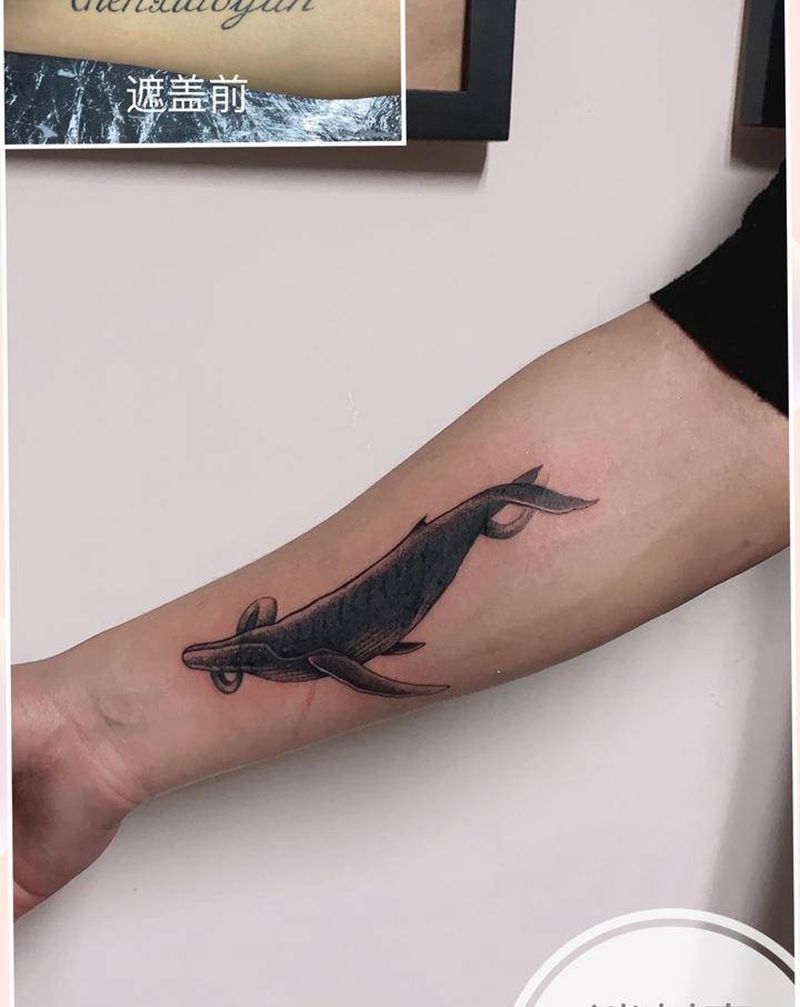 鲸鱼纹身图片_手臂欧美写实遮盖小臂鲸鱼纹身图案