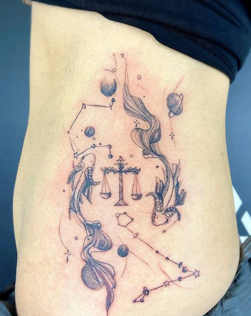 天秤和双鱼客约稿纹身图片_腹部腰部几何点刺鱼纹身图案