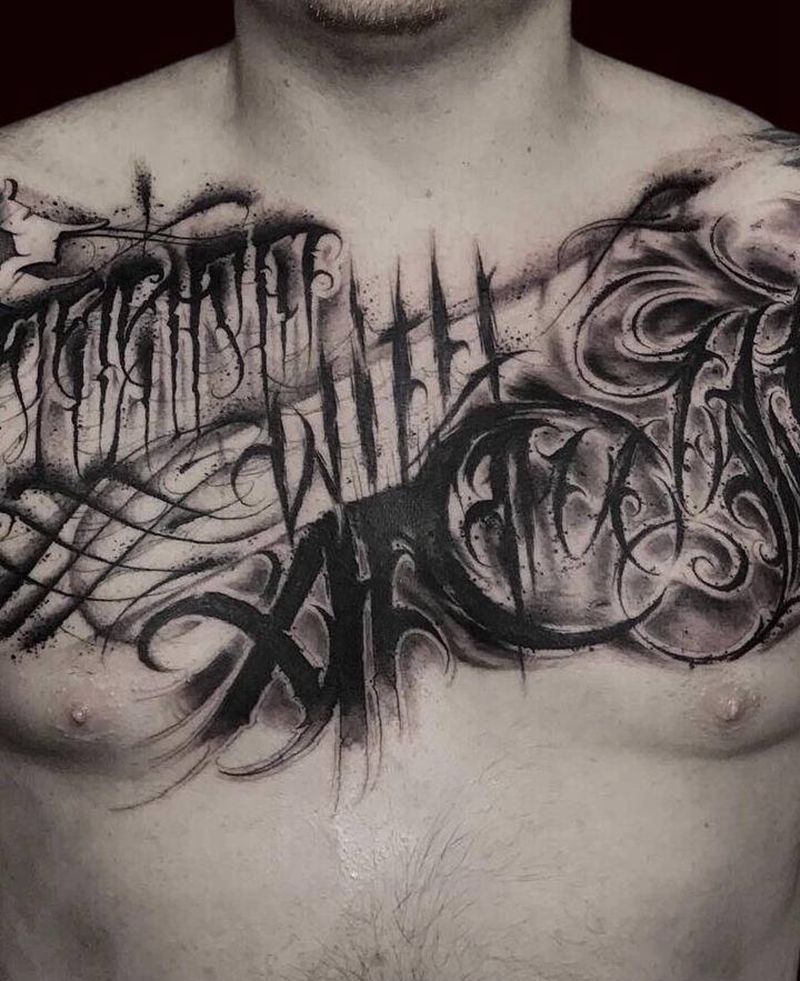 暗黑花体纹身图片_胸部花体字纹身图案