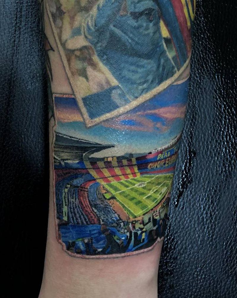 巴萨 诺坎普足球场纹身图片_手部欧美写实纹身图案