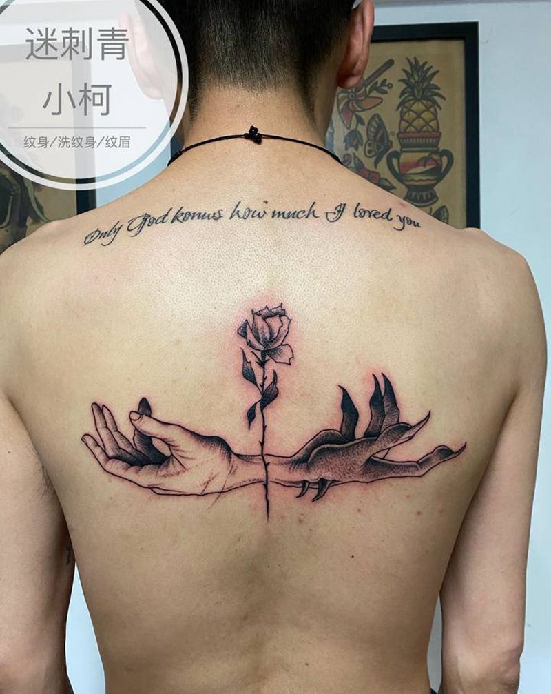 人鬼情未了纹身图片_背部欧美写实暗黑手玫瑰纹身图案