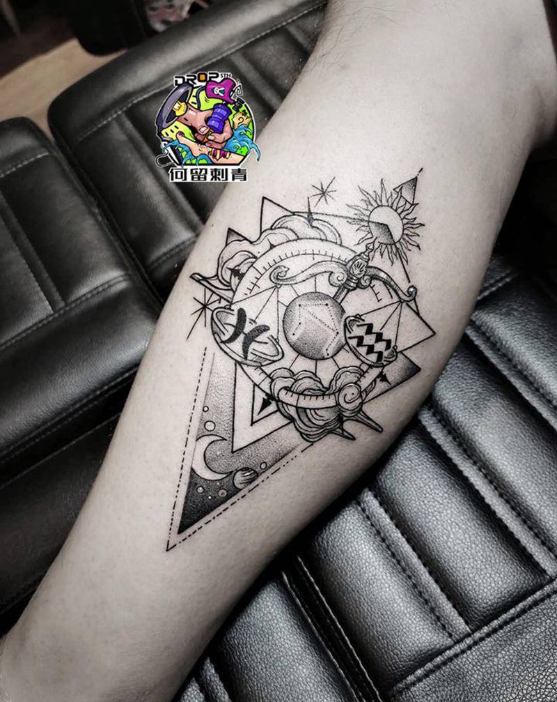 太阳星座纹身图片_腿部脚部点刺几何纹身图案