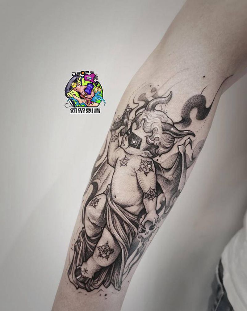 恶搞天使纹身图片_手臂点刺欧美写实纹身图案