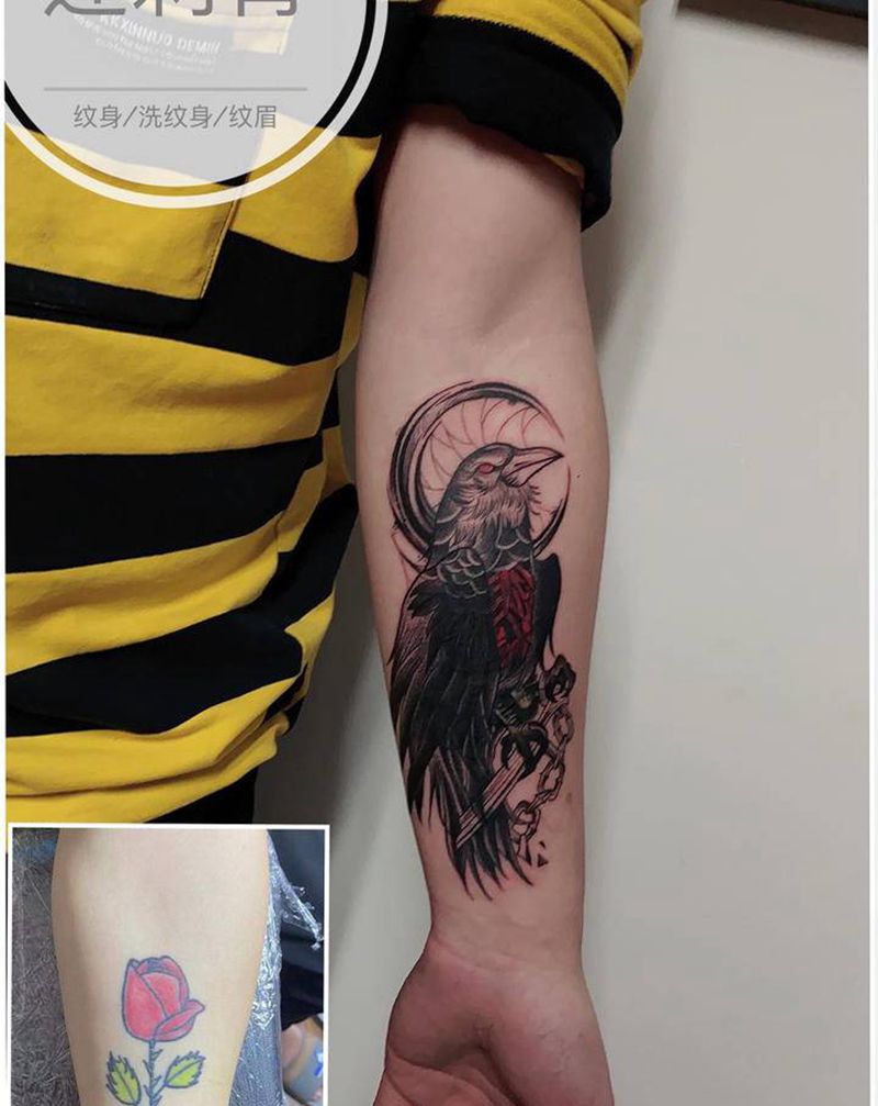 乌鸦遮盖旧纹身纹身图片_手臂欧美写实暗黑遮盖纹身图案