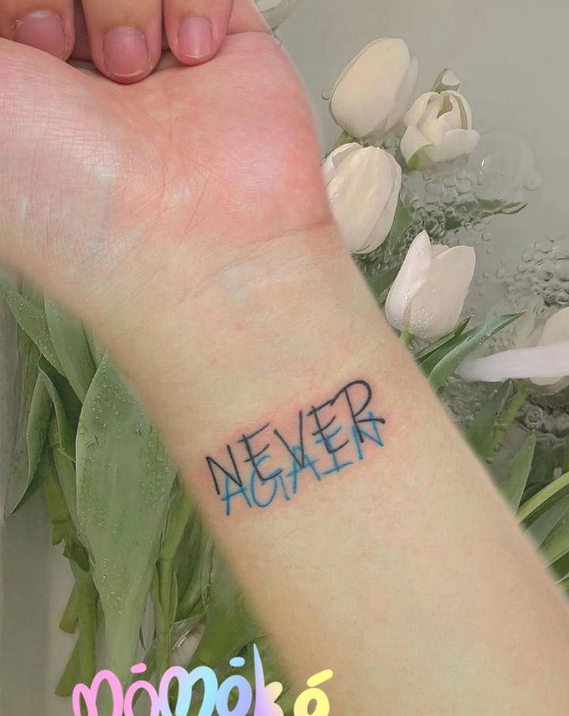 Never again小清新字纹身图片_手臂手部几何花体字纹身图案
