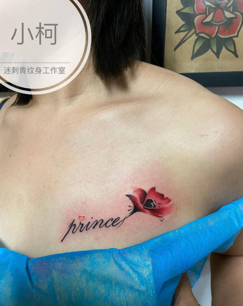 罂粟花纹身图片_肩部胸部水墨英文锁骨纹身图案