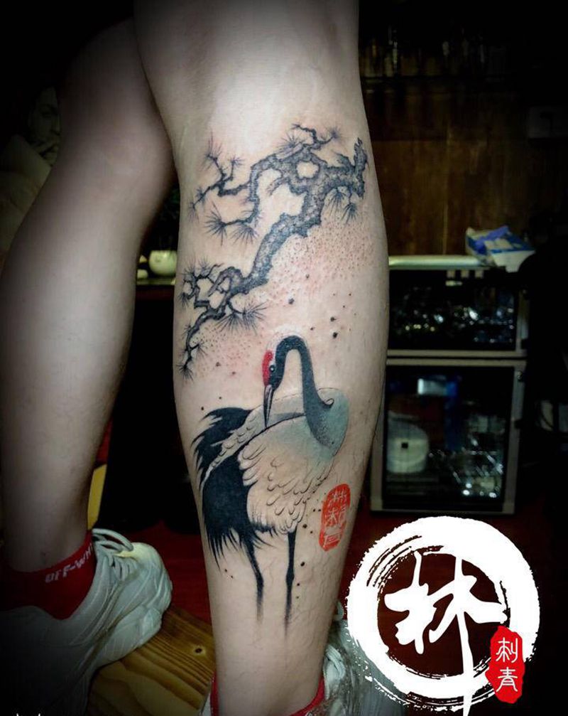 仙鹤纹身图片_脚部水彩水墨纹身图案