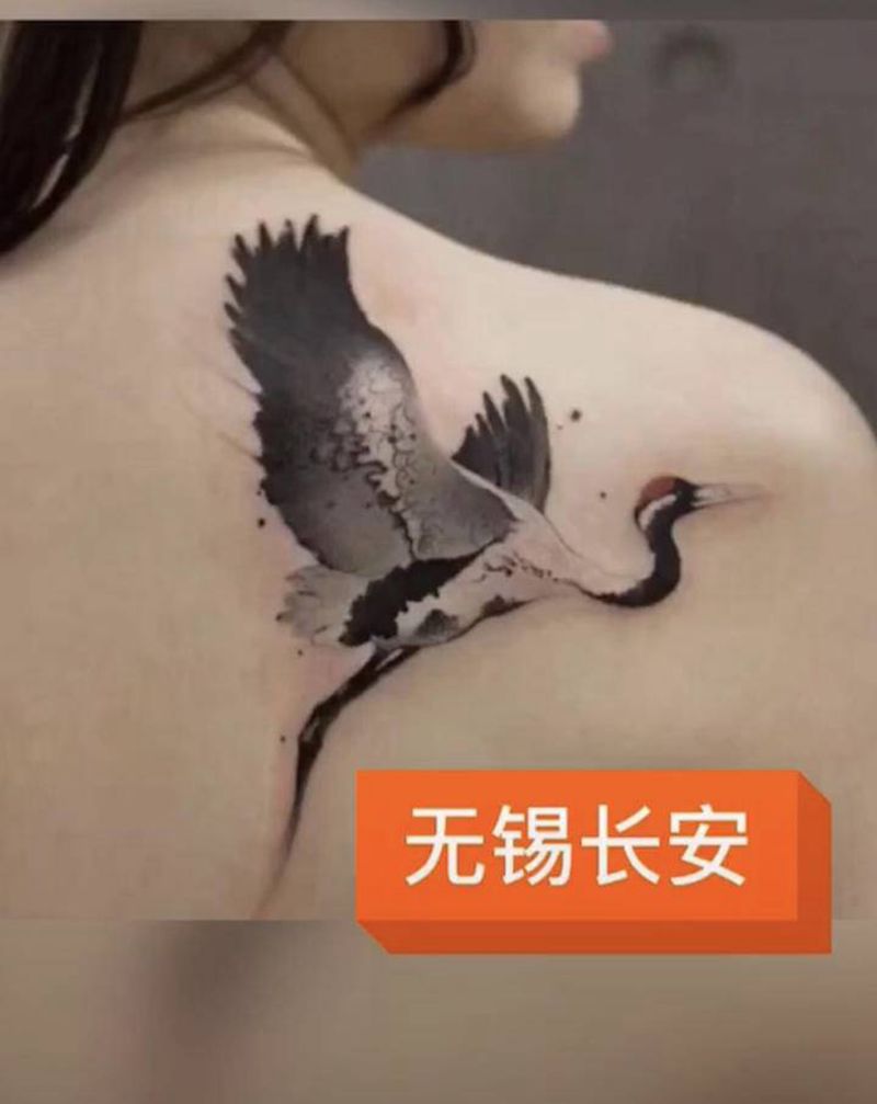 林刺青   鹤纹身图片_肩部腿部新传统纹身图案