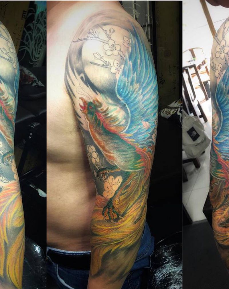 凤凰花臂未完成纹身图片_手臂纹身图案