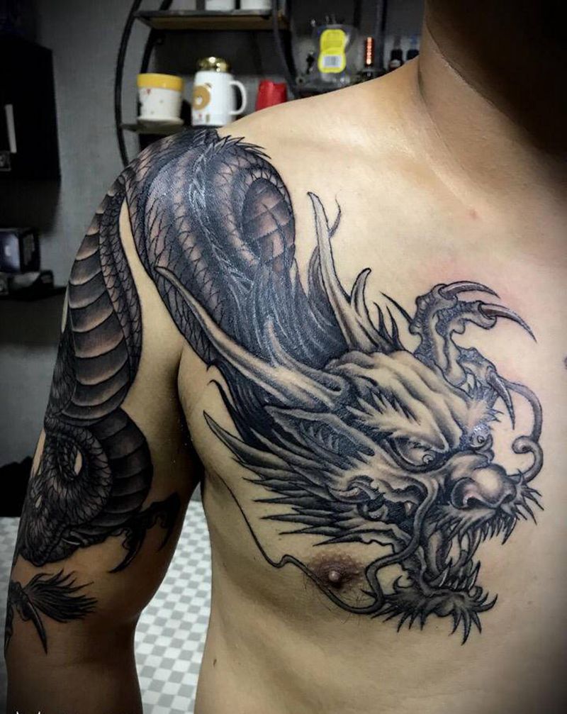 林刺青作品 过肩龙纹身图片_肩部手臂新传统纹身图案