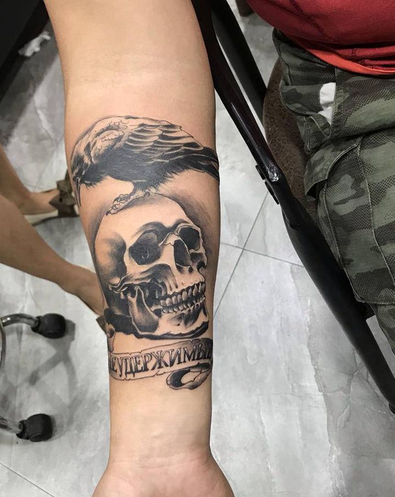 敢死队纹身图片_欧美写实骷髅乌鸦纹身图案