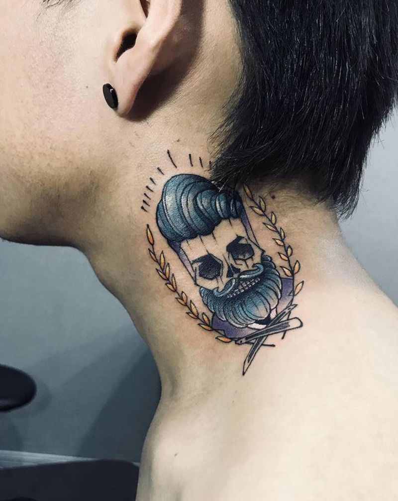 美发师纹身图片_颈部New School纹身图案
