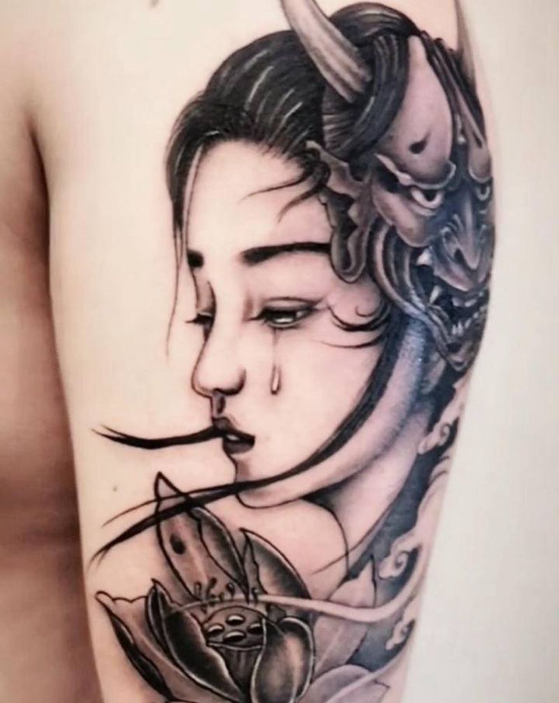 林刺青作品.动情的姑娘纹身图片_手臂新传统纹身图案