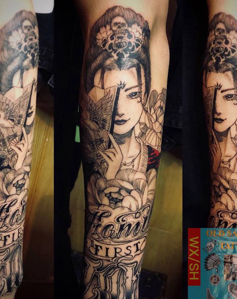 奇卡诺拼接艺妓纹身图片_手臂纹身图案