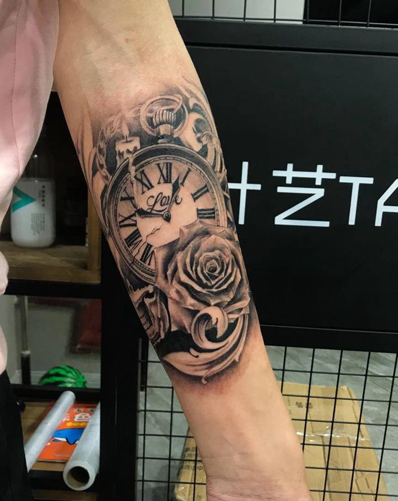 钟表玫瑰骷髅纹身图片_欧美写实纹身图案