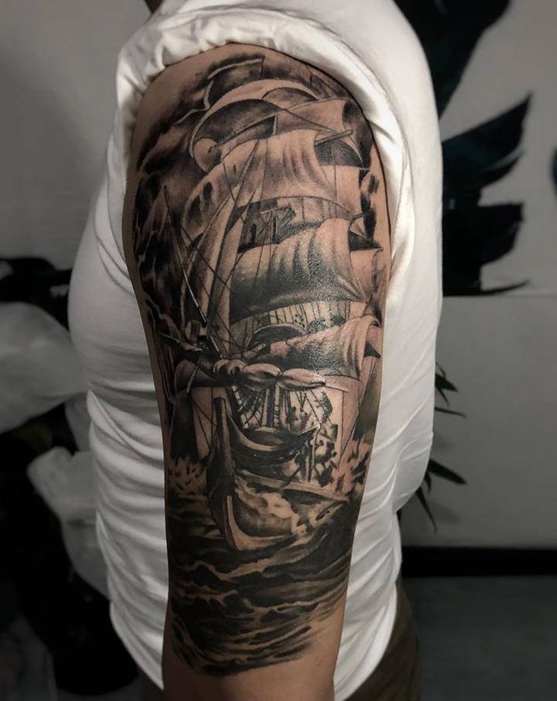 帆船纹身图片_手臂纹身图案