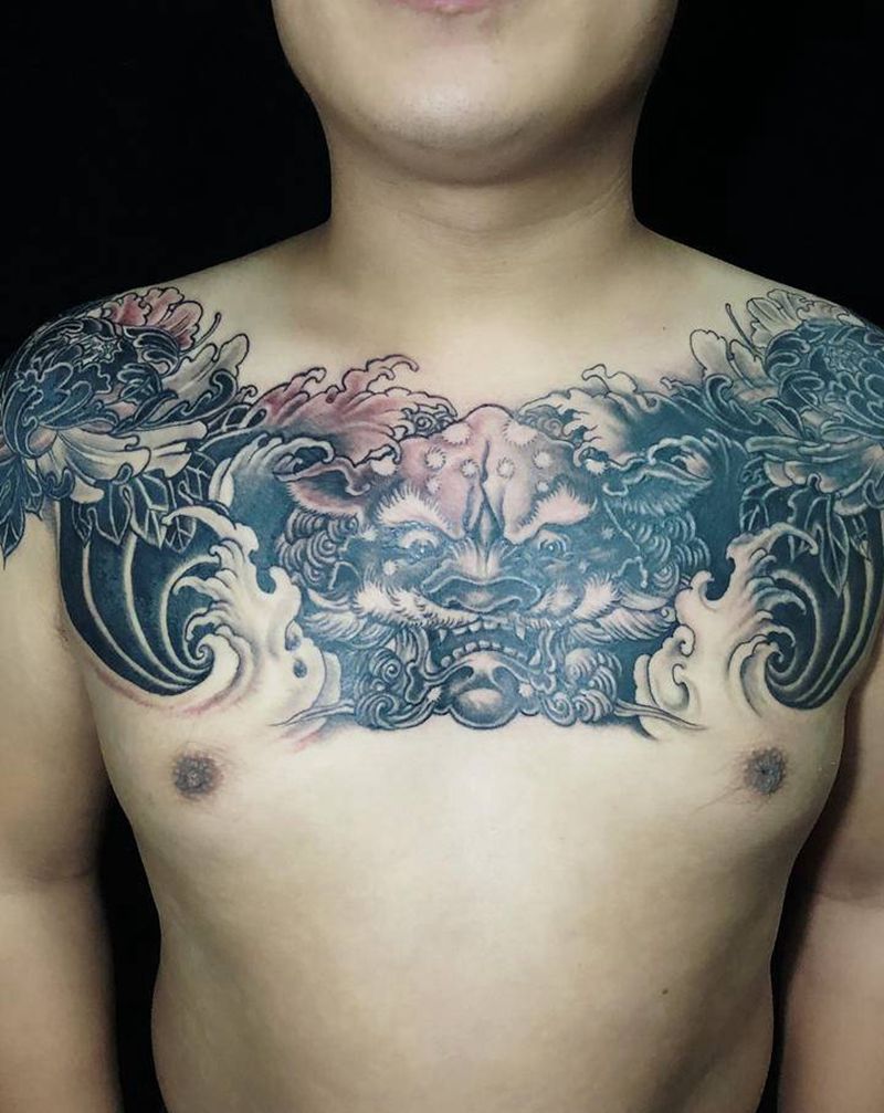 富贵狮花胸纹身图片_胸部纹身图案