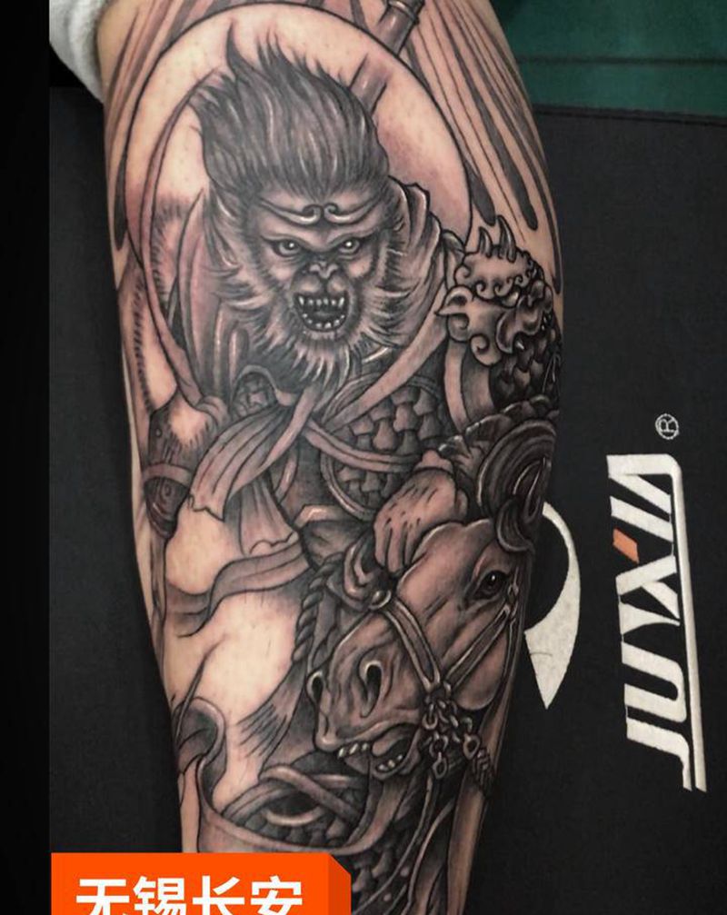 林刺青 马上封侯纹身图片_腿部新传统老传统纹身图案