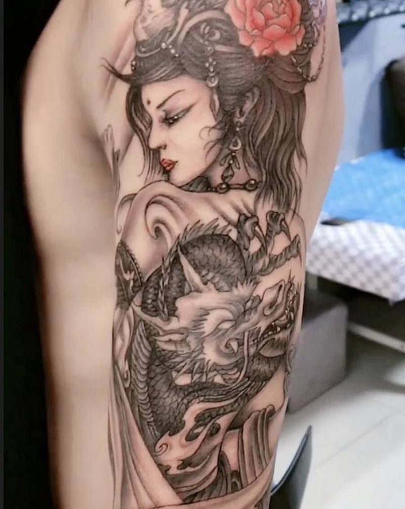 林刺青 龙女纹身图片_手臂新传统纹身图案