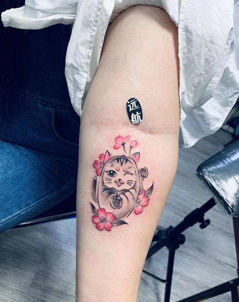 招财猫纹身纹身图片_手臂新传统New School纹身图案