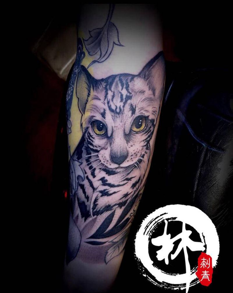 猫或者小豹子纹身图片_手臂新传统点刺纹身图案