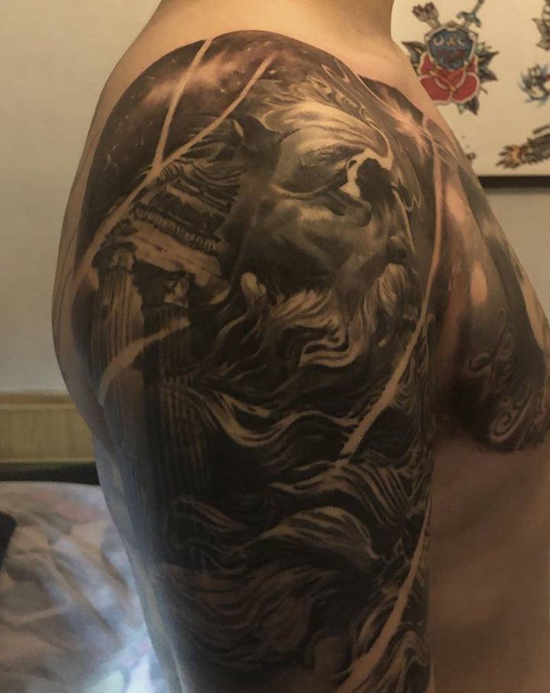 海神波塞冬肖像纹身图片_手臂胸部纹身图案