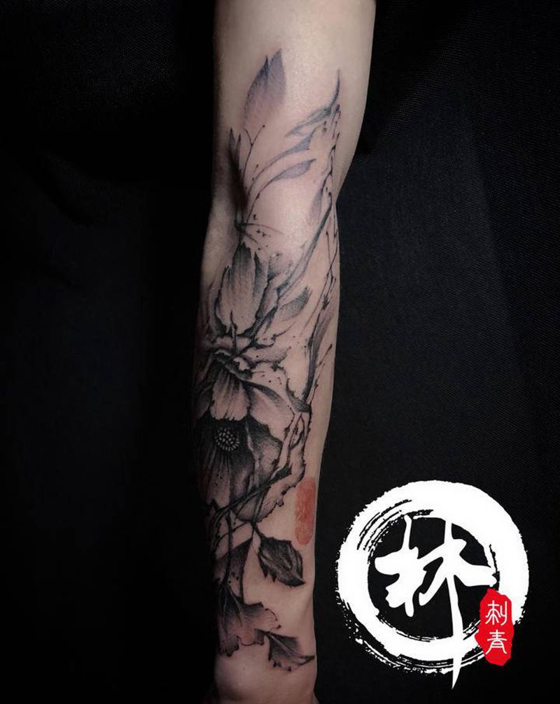 罂粟纹身图片_手臂新传统水墨纹身图案