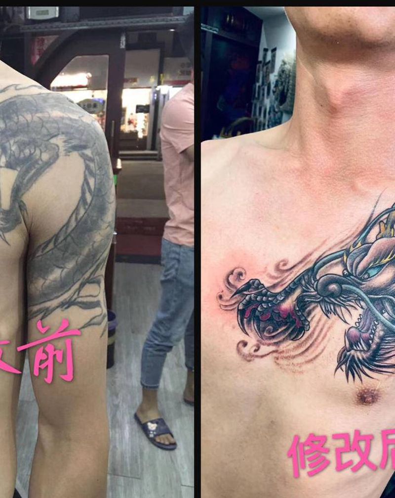 过肩龙修改纹身图片_胸部肩部老传统纹身图案