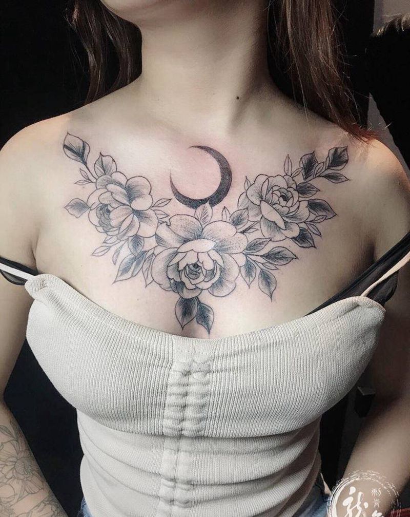 素花纹身图片_胸部纹身图案