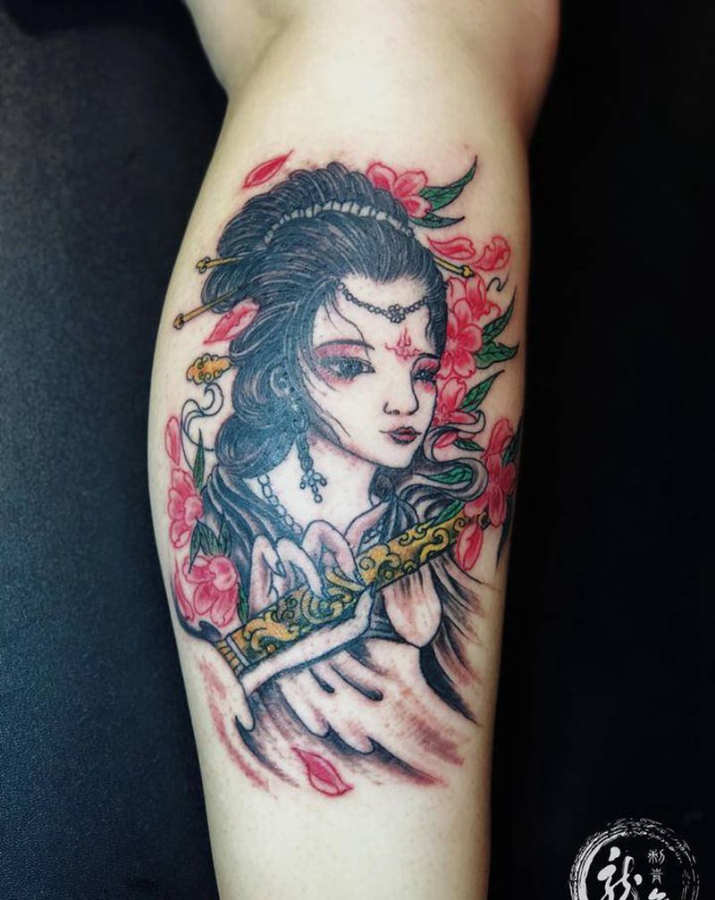 古风仕女箫纹身图片_手臂纹身图案