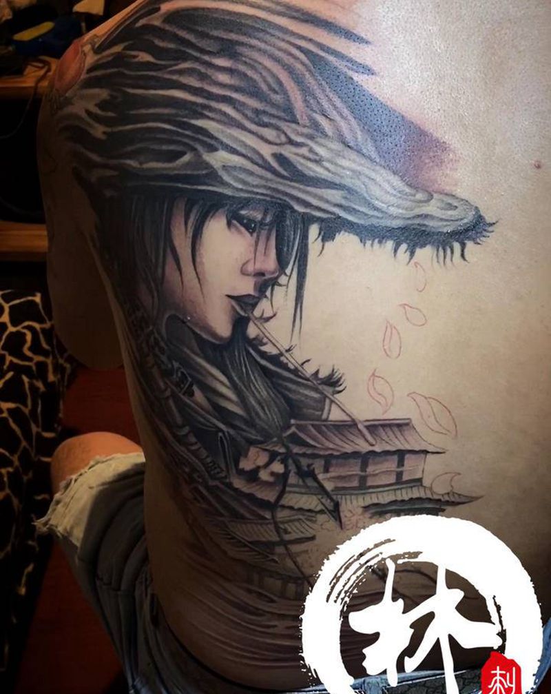 艺妓纹身图片_背部新传统纹身图案