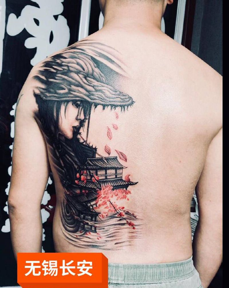 林刺青 无锡长安纹身图片_背部新传统水墨纹身图案