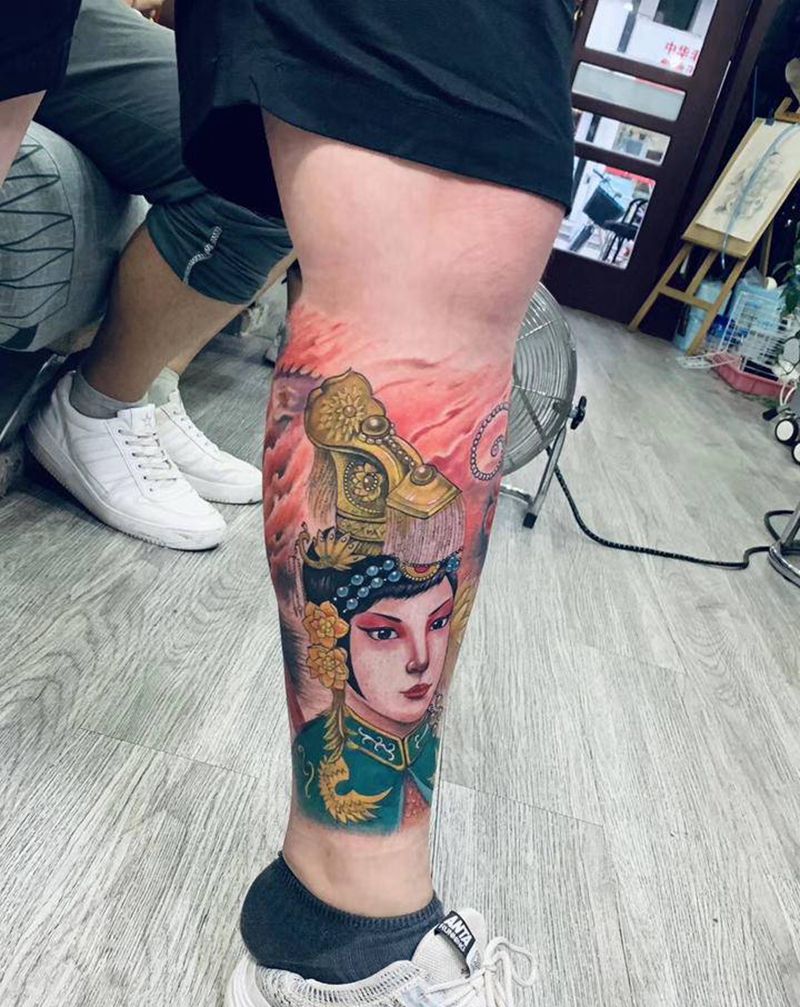 霸王别姬纹身#小腿艺妓纹身图片_腿部新传统纹身图案