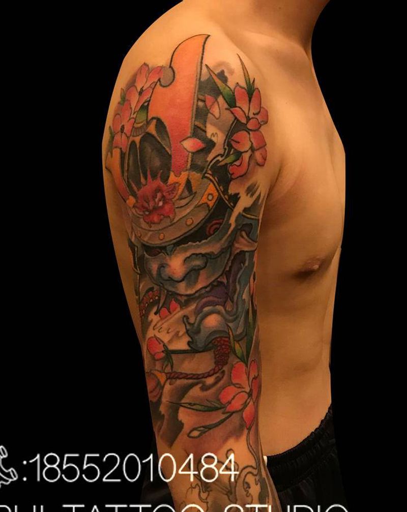 大臂鬼武士修改上色纹身图片_手臂新传统纹身图案
