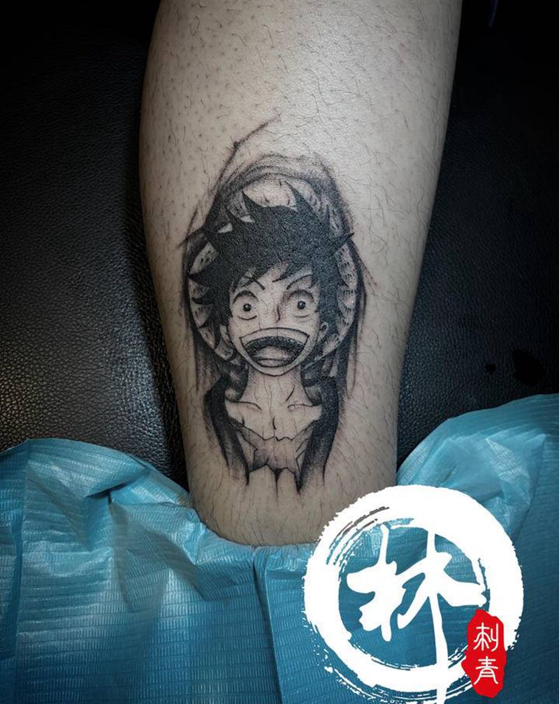 路飞纹身图片_腿部New School纹身图案
