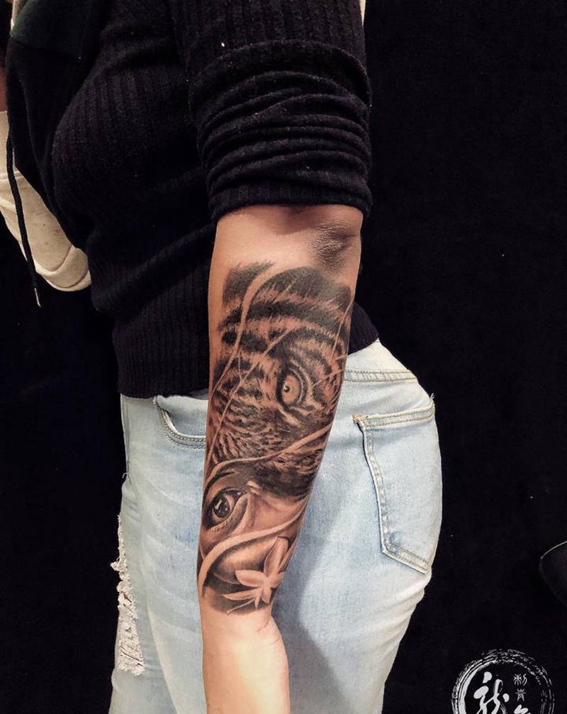 虎妹纹身图片_手臂欧美写实纹身图案