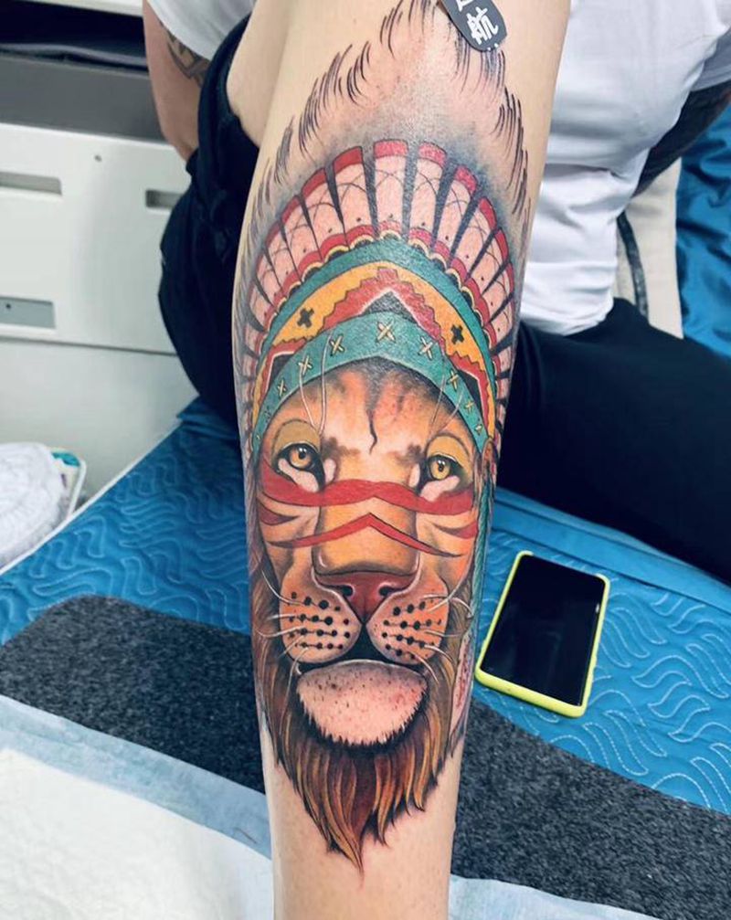 狮子纹身#小腿纹身纹身图片_腿部新传统纹身图案