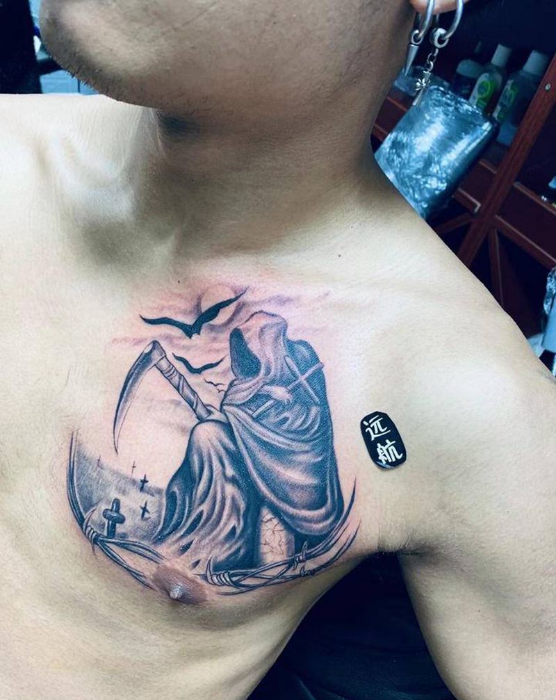 死神纹身#无锡纹身店#纹身图片_胸部老传统纹身图案