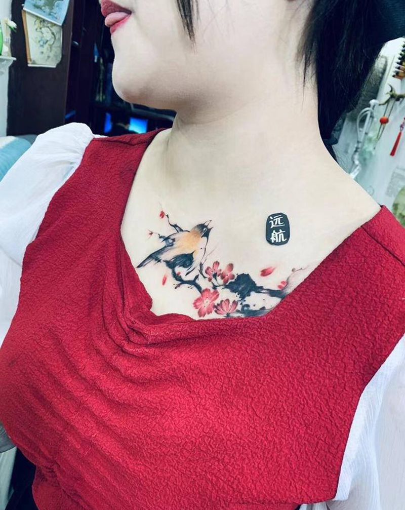 胸口英文遮盖纹身图片_胸部水彩水墨纹身图案