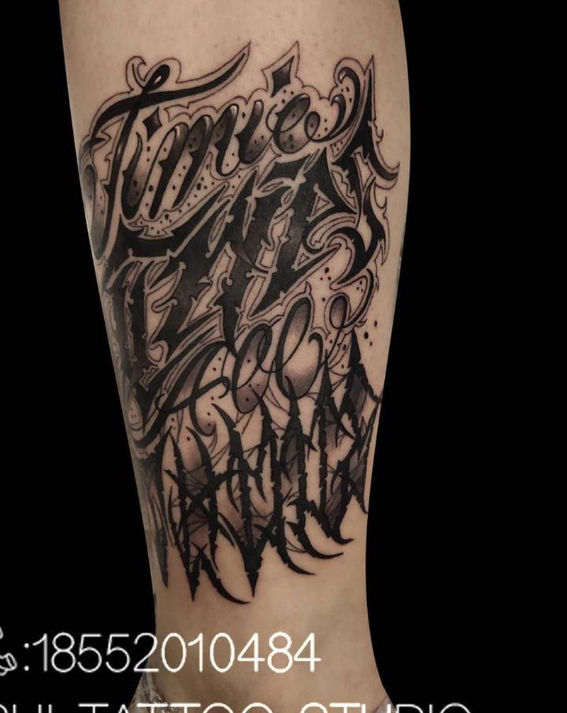 小腿花体字完成纹身图片_腿部花体字纹身图案